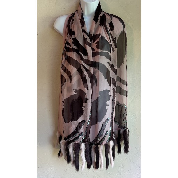unbranded Accessories - Sheer Silk Scarf Wrap Rabbit Fur Tassel Sequin Retro Glam Maximalist Bohemian